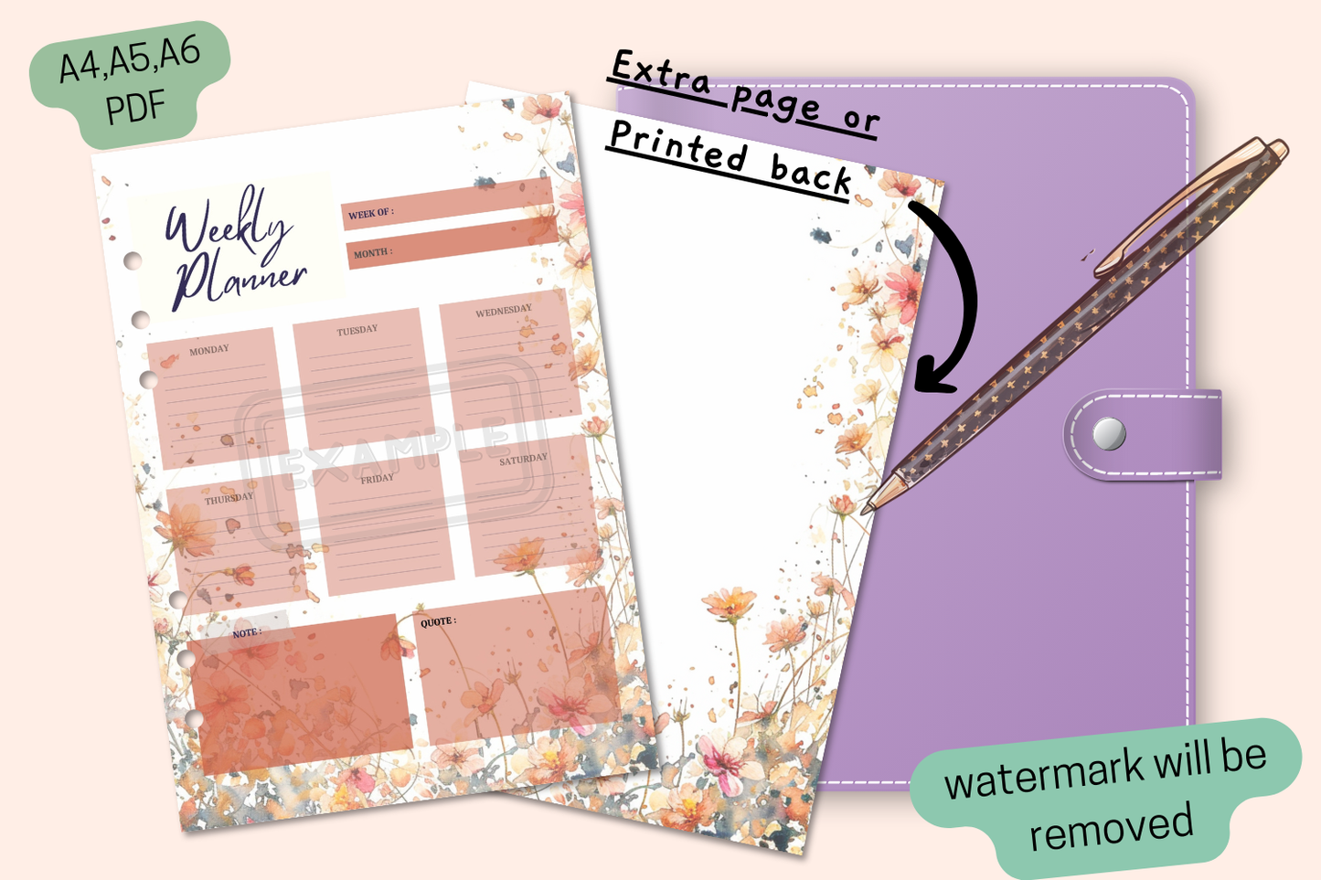 Weekly Planner - Watercolor Wildflowers Theme - PDF Printable