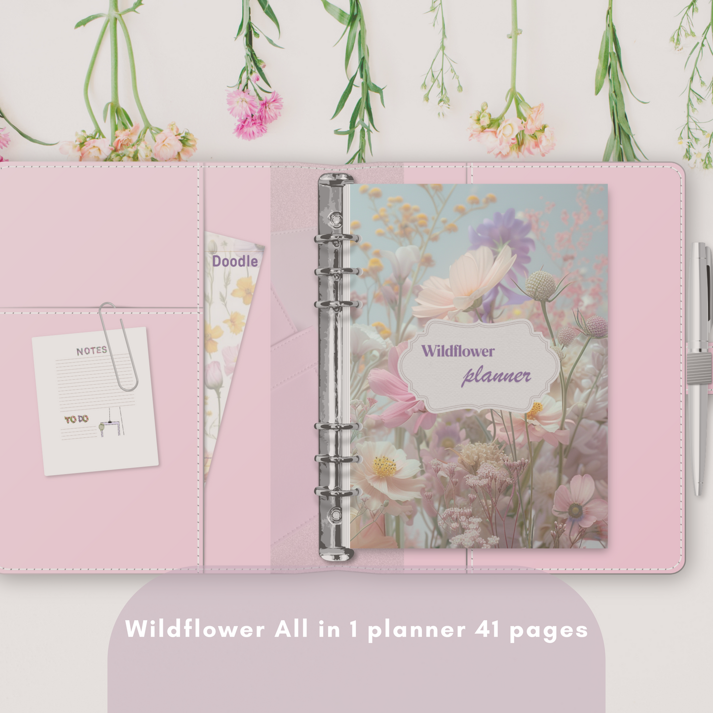 Journal pages adorned with colorful wildflowers, providing a serene backdrop for your planning and writing. Immerse yourself in the beauty of nature as you jot down your thoughts and ideas.