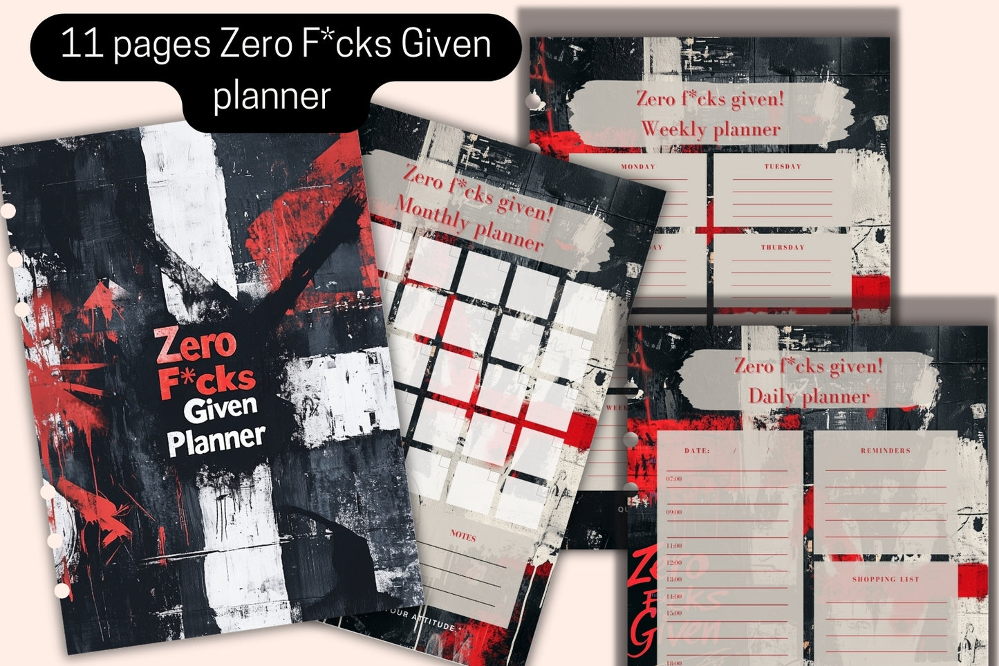 Diverse planner page layouts in the Zero F*cks Given Planner, showing how to stay on top of tasks and schedules.