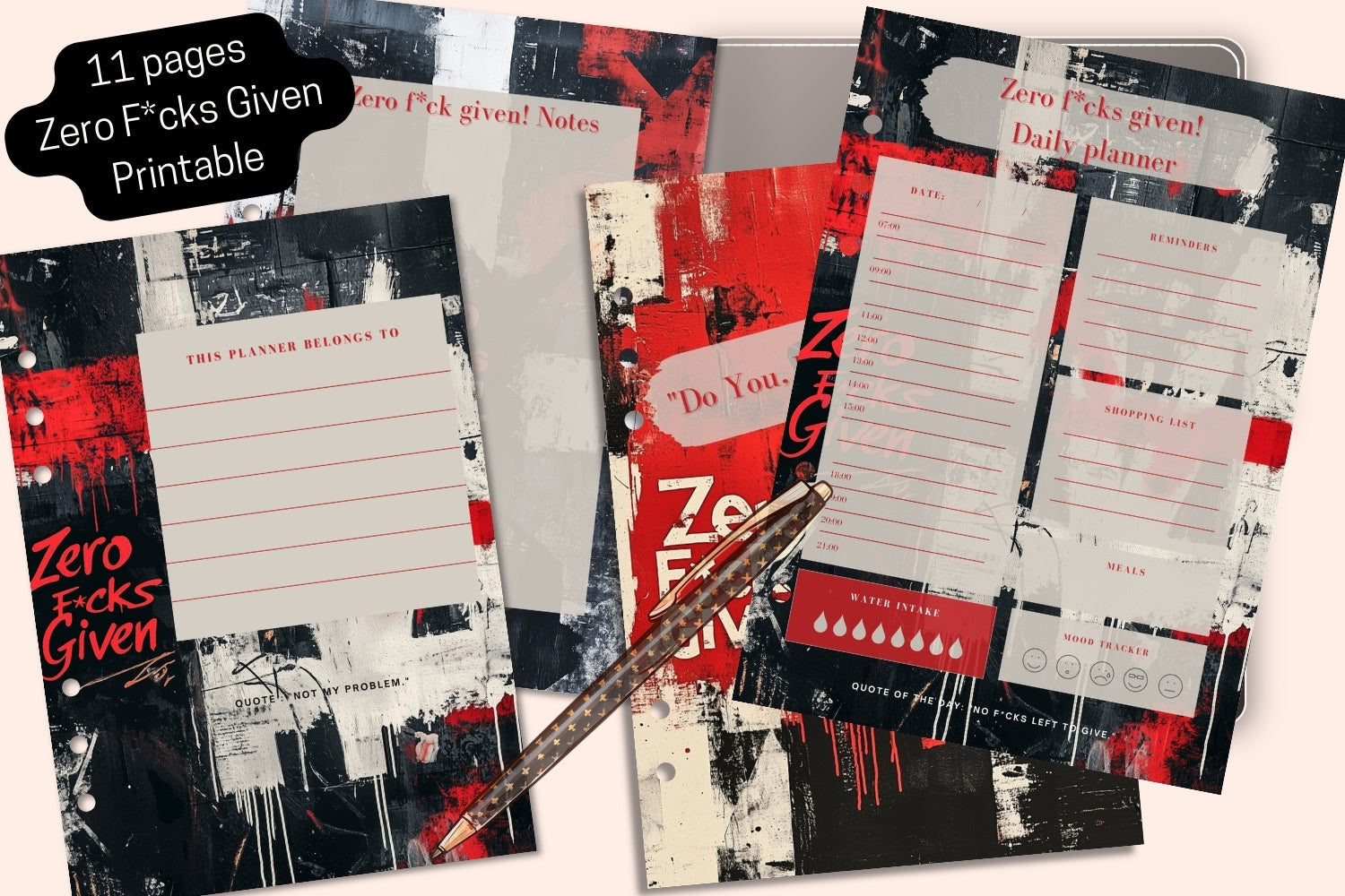 Mockup of Zero F*cks Given Planner showing various layouts including daily, weekly, and monthly planning pages.